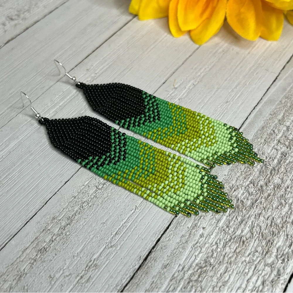 Green Black Seed Beaded Fringe Earrings Chevron Tassel Earrings Handmade Jewelry